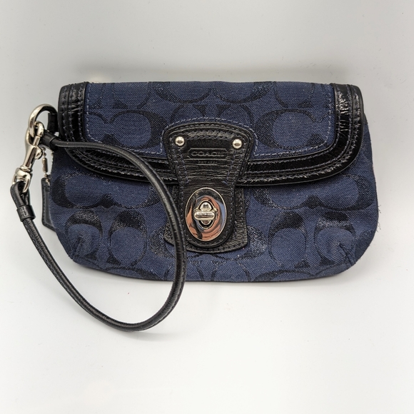 Coach Legacy Signature Blue Canvas Black Leather Trim Wristlet Wallet EUC - Picture 1 of 6
